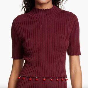 STAUD Tropicana Sweater Knit Rib Midi Beaded Short Sleeve Mock Neck Top